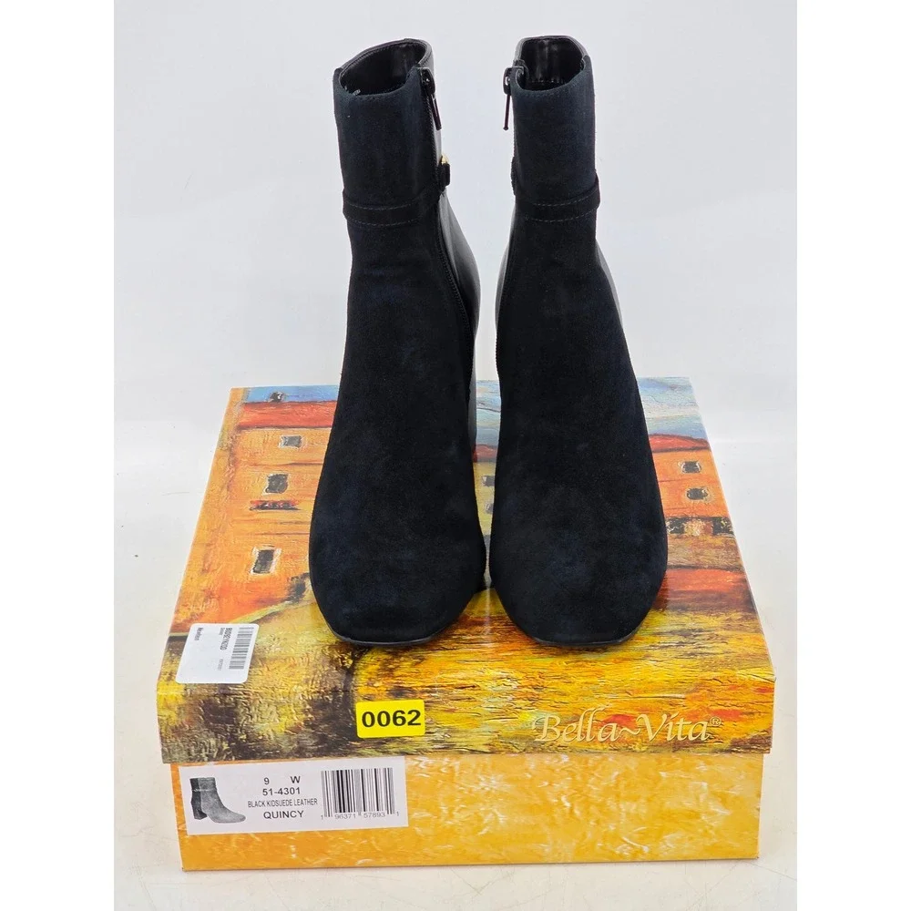 Bella Vita Quincy Booties Womens 9W Black Kidsuede Leather Ankle Boots - New